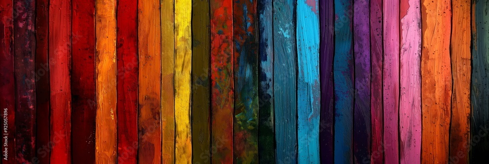 Poster an abstract piece with thick vertical paint strokes of various colors, transitioning gradually from 