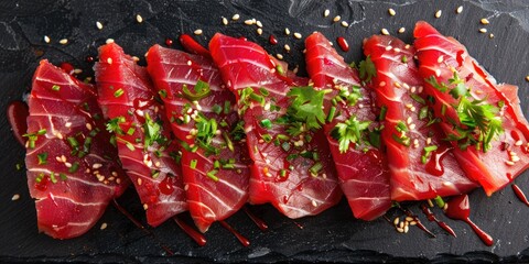 Tuna tiradito Peruvian inspired raw fish slices in zesty spicy marinade