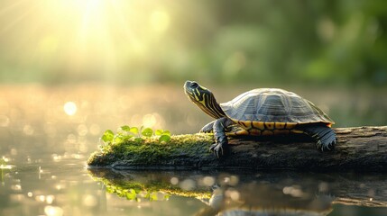Fototapeta premium A turtle resting on a log in a serene pond, with its legs stretched out and shell catching the sunlight.