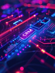 Neon-lit digital interface with CRM button and futuristic graphics. Concepts of customer relationship management, technology, and data analysis.