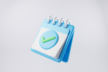 3D calendar icon showing date and time for meeting reminders. Calendar with 3D check mark for appointments, due dates, holiday planning. 3D calendar illustration.