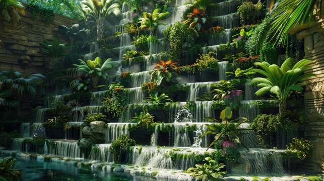 Lush Tropical Waterfall with Cascading Water and Vibrant Greenery