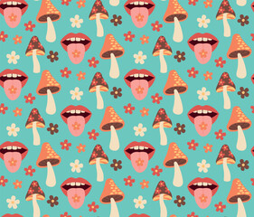 Vector seamless pattern with mouth and tongue, mushrooms, flowers. Colorful hippie background in flat style.	