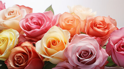 A stunning collection of colorful roses set against a pristine white background. Ideal for weddings, floral arrangements, and decorative projects.