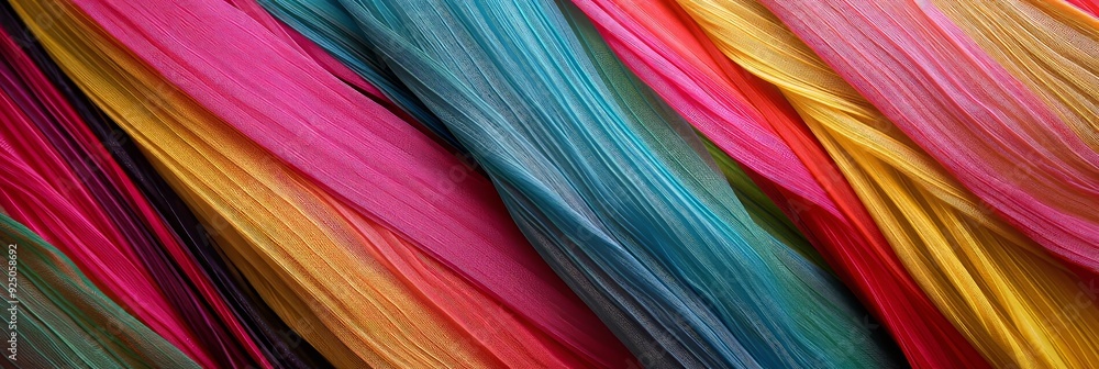 Poster a display of colorful textiles woven together with parallel lines in various vivid hues, creating a 
