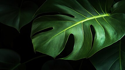 A close up of a large green leaf on the dark background, AI