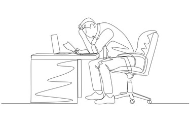 Continuous one line drawing of stressed businessman with rising company expenses, entrepreneur facing financial difficulty concept, single line art.