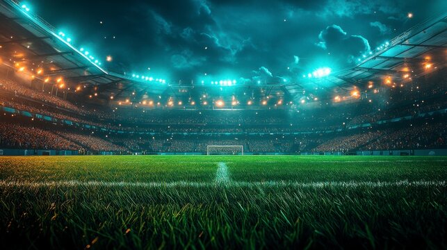 A large empty stadium with fans shouting enthusiastically before the match. Brightly lit lawn ready for the game.