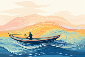 Fototapeta premium Vibrant and dynamic illustration fisherman casting net from a boat. The colorful and flowing lines depict movement water and wind, creating a lively and energetic atmosphere.