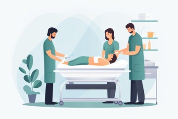 Medical professionals in modern hospital room perform procedure on patient lying on a bed, team is focused and coordinated, ensuring patient's well-being, room is clean equipped with medical tools.