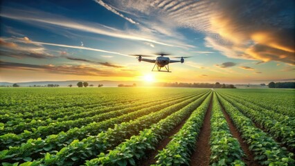 Agricultural drone flying over a lush green soybean crop , technology, agriculture