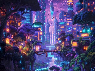 Obraz premium Cyberpunk Cityscape with Lush Vegetation.