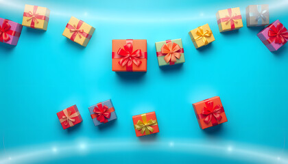 top view of colorful gift boxes on blue background, panoramic shot isolated with white highlights, png