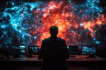 distinguished ceo in augmented reality boardroom interacting with global holographic projections