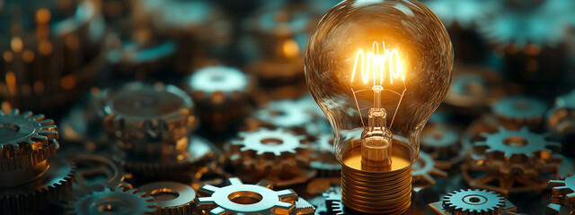 Light bulb among metal gears in workshop with Copy Space for Custom Text Graphic