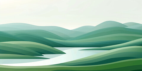 Obraz premium Abstract Green Landscape with River and Rolling Hills in Minimalist Style