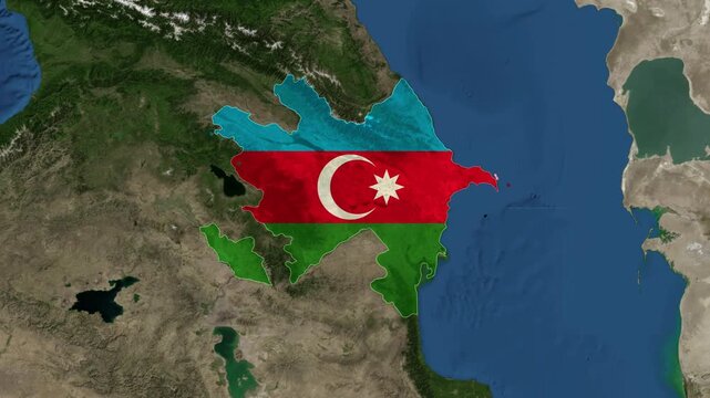 Zoom from Earth to Azerbaijan. (Country Flag) World map animation with highlighted borders of countries. Images from NASA