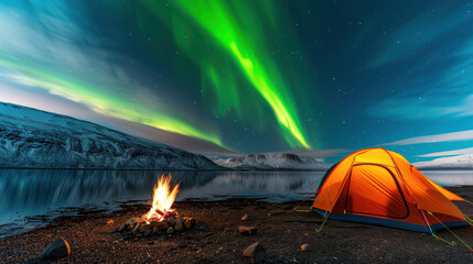 Northern Lights Camping by Arctic Lake