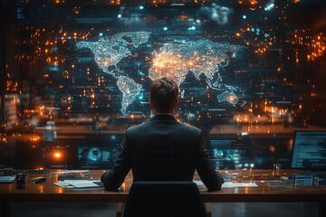 distinguished ceo in augmented reality boardroom interacting with global holographic projections