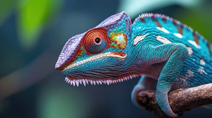 Obraz premium Close-up of a chameleon with its eyes moving independently, perched on a branch, showcasing its unique camouflage abilities.