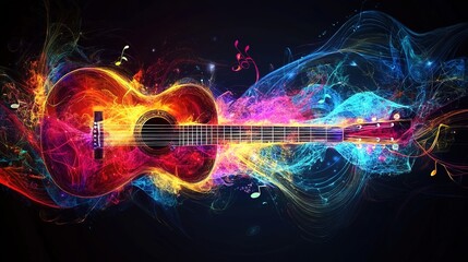 Abstract music background with musical notes and Colorful guitar,Musical Fusion background