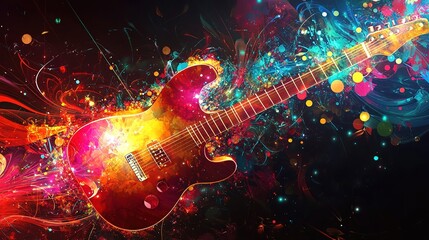 Obraz premium Abstract music background with musical notes and Colorful guitar,Musical Fusion background