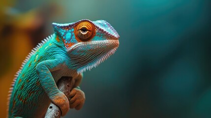 Obraz premium Close-up of a chameleon with its eyes moving independently, perched on a branch, showcasing its unique camouflage abilities.