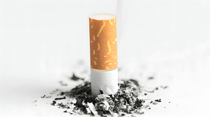 Single cigarette butt isolated on white background.