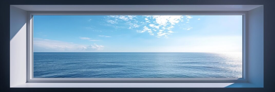Fototapeta A beautiful view of the calm blue ocean seen through a clean, modern window frame, evoking a sense of tranquility and relaxation.