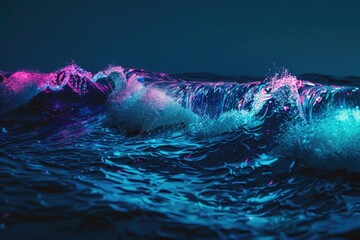 Purple and blue neon lights in ocean waves at night.