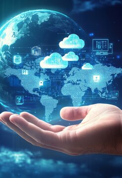 Hand holding a digital world with cloud computing technology and global network connections