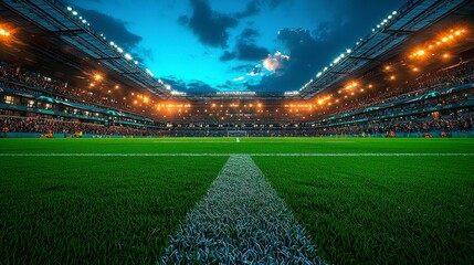 A large empty stadium with fans shouting enthusiastically before the match. Brightly lit lawn ready for the game.