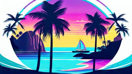 Vibrant sunset over a tropical beach with palm trees, hammocks, and lounge chairs. Ocean view vacations in neon colors