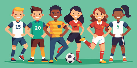 Set of soccer player characters. Men and women in sportswear playing football on an isolated background
