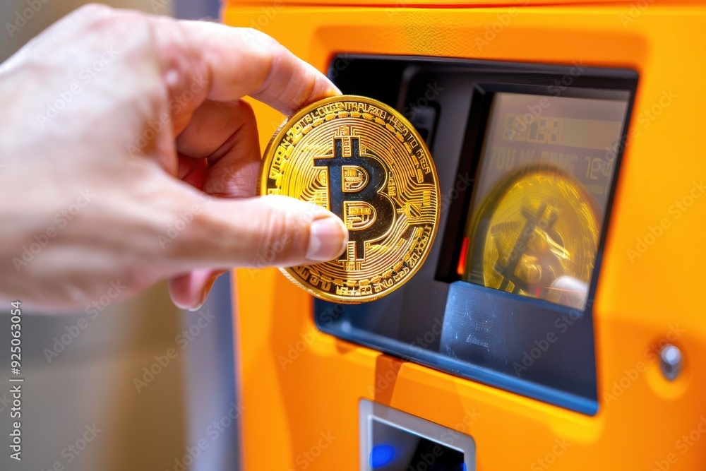 Poster modern technology concept - person using bitcoin atm to withdraw cryptocurrency
