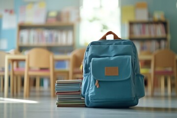 Back to school background with A classic school backpack in vibrant colors with a stack of books
