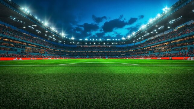 A large empty stadium with fans shouting enthusiastically before the match. Brightly lit lawn ready for the game.