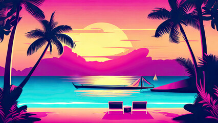 Obraz premium Vibrant sunset over a tropical beach with palm trees, hammocks, and lounge chairs. Ocean view vacations in neon colors