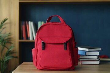 Back to school background with A classic school backpack in vibrant colors with a stack of books