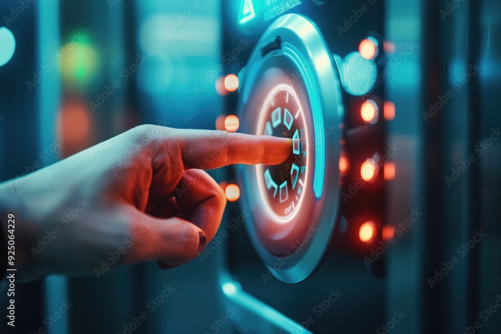 Aufkleber finger pressing a digital control panel with glowing icons in a futuristic setting. concepts of tech
