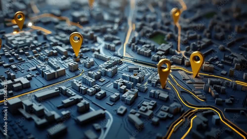 Poster a detailed map displaying various marked locations with pinpoints and urban areas connected by stree