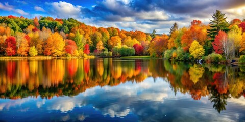 Vibrant autumn landscape with colorful foliage and a peaceful lake reflecting the trees , autumn, landscape, nature, foliage