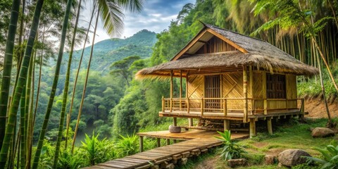 Bamboo house nestled in natural surroundings, bamboo, house, nature, eco-friendly, sustainable, architecture, design