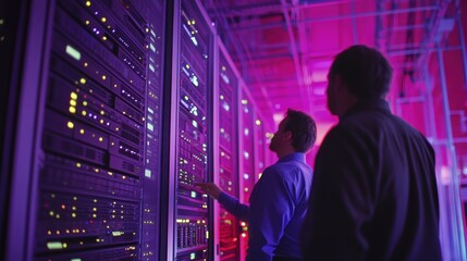 Engineers Analyzing Server Performance in Modern Data Center