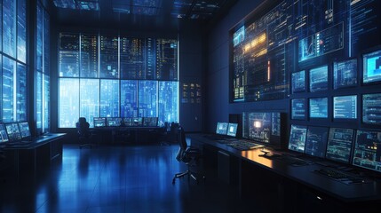 Futuristic Data Center Control Room with Real-Time Monitoring Technology