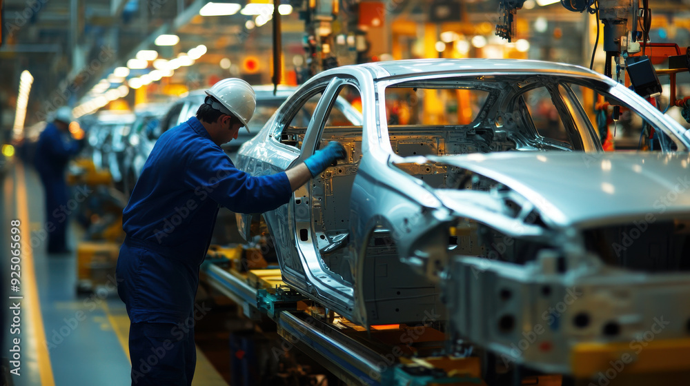 Poster assembly line workers ensuring precision in every step of car production