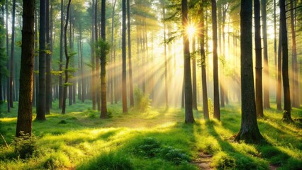 Naklejka premium A soft and blurry background of a serene forest scene with sunlight filtering through the trees, nature, forest, trees