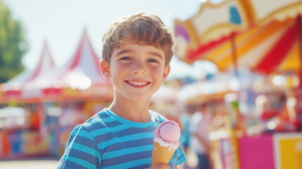 Junge freut sich über ein Eis auf dem Volksfest