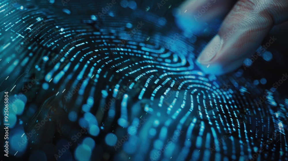 Poster a human hand interacting with a digital interface, possibly for data analysis or information process