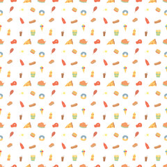 Seamless fast food pattern. fast food background. Doodle fastfood icons. Drawn food pattern